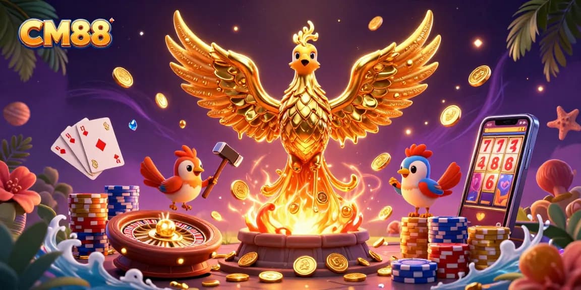 CM88 offers immersive casino gaming with golden phoenix and dazzling winnings depicted in 3D.
