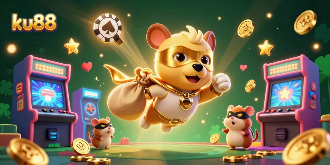 ku88 casino adventure with superhero dog and hamster, flying through colorful game machines