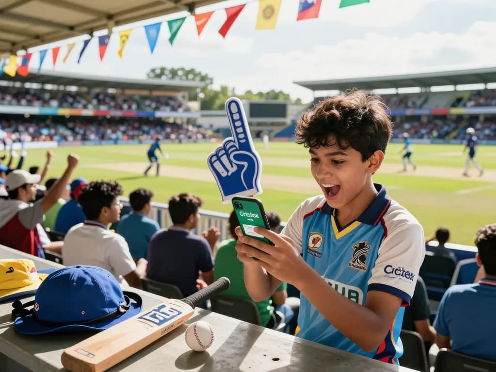 Young cricket fan using the crickex app on smartphone during a live match, vibrant atmosphere in stadium.