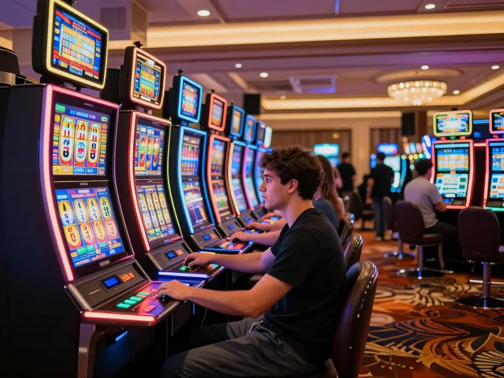 tt88 player engaging with slot machine in neon-lit casino environment