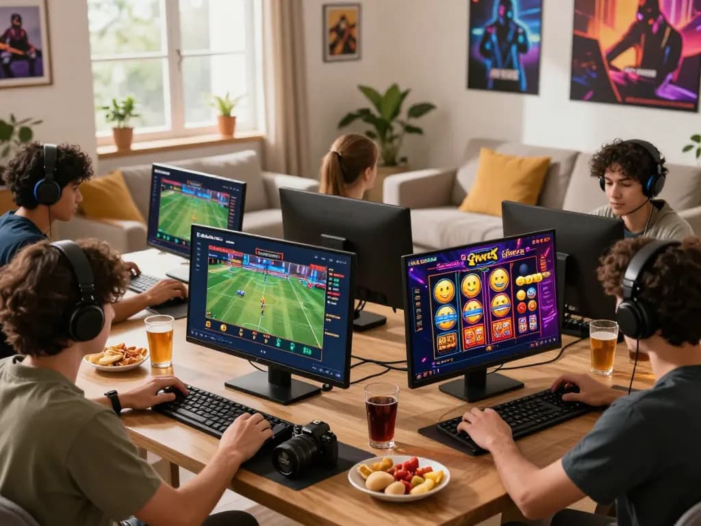Exciting online gaming atmosphere with players enjoying KO66 platform, showcasing diverse games and engaging interactions in cozy home setting.
