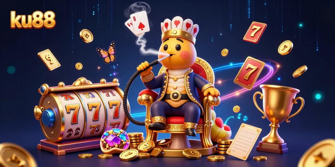 ku88 draws in players with a vibrant casino scene displaying slot reels and energetic elements for an engaging experience