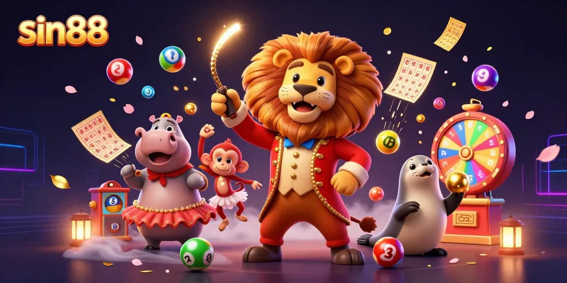 Engage with sin88's vibrant gambling scene featuring a circus theme and dynamic lottery elements.