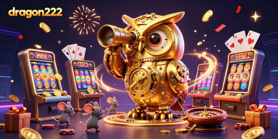 Experience the thrill of dragon222 with a lively casino scene featuring an owl and slot games.