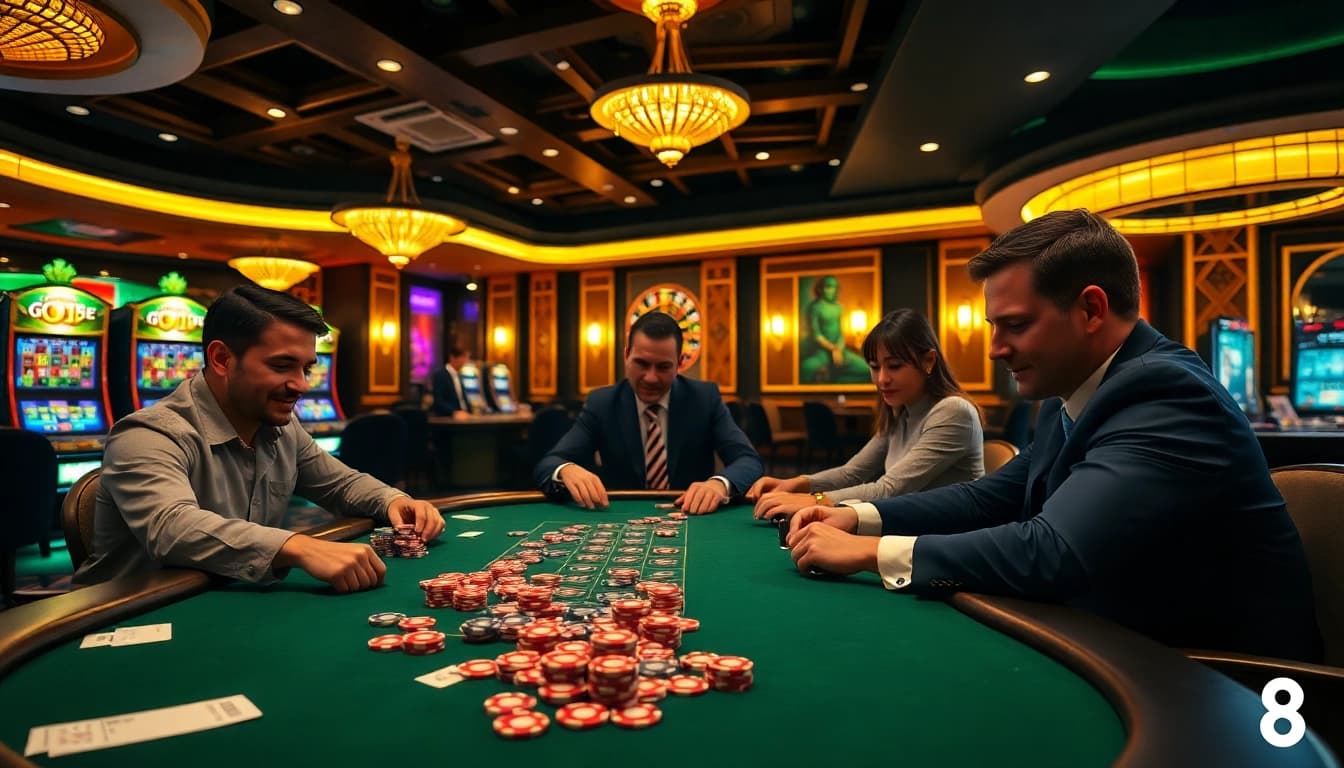 Go8 players enjoying a high-stakes poker game in a vibrant casino atmosphere.