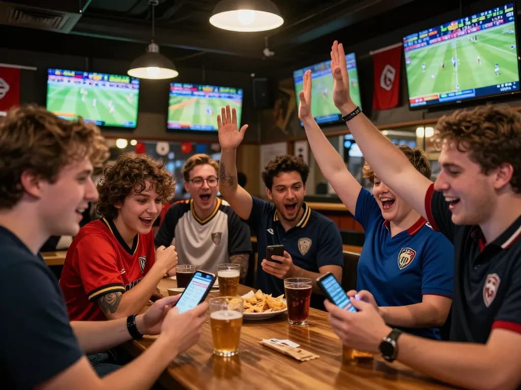 people enjoying sports betting at god55vn, lively atmosphere with screens and apps