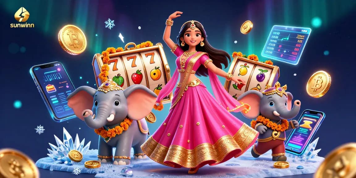 Win big with sunwinn in this colorful casino illustration featuring vibrant characters and gaming elements.