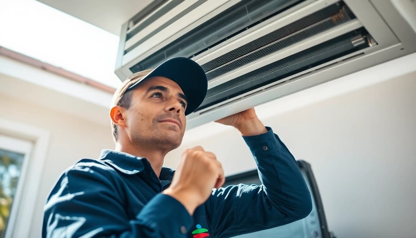 AC Repair Tampa service technician repairing an air conditioning unit with tools in hand
