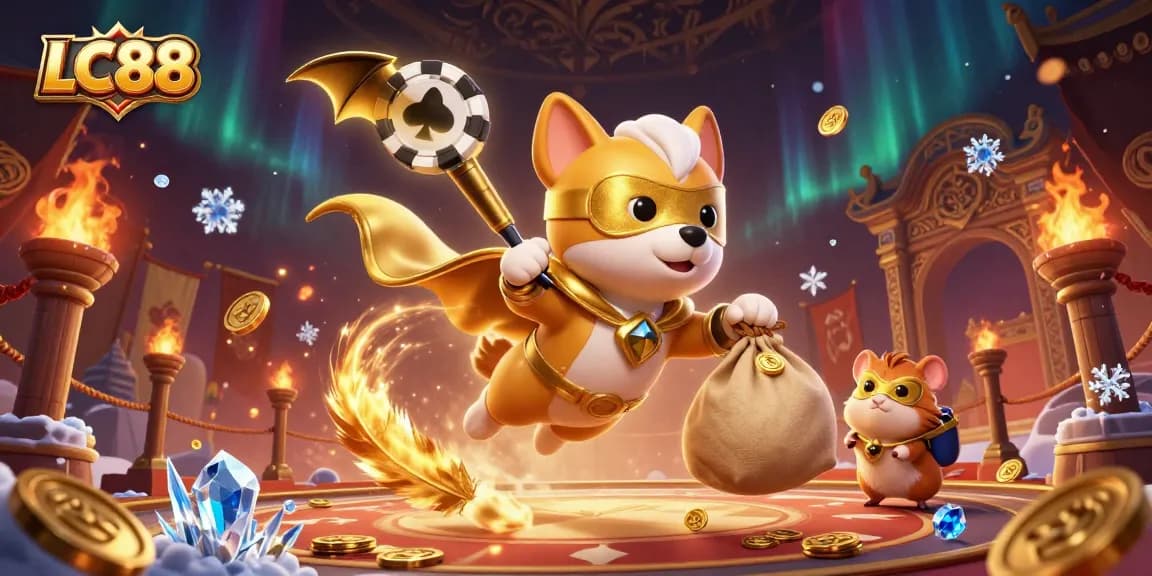 LC88 captivates with a superhero dog and hamster in a dynamic casino scene, surrounded by vibrant gaming elements.