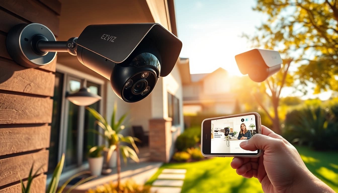 Cámaras EZVIZ que mejoran la seguridad del hogar en un entorno exterior pintoresco con diseño moderno.