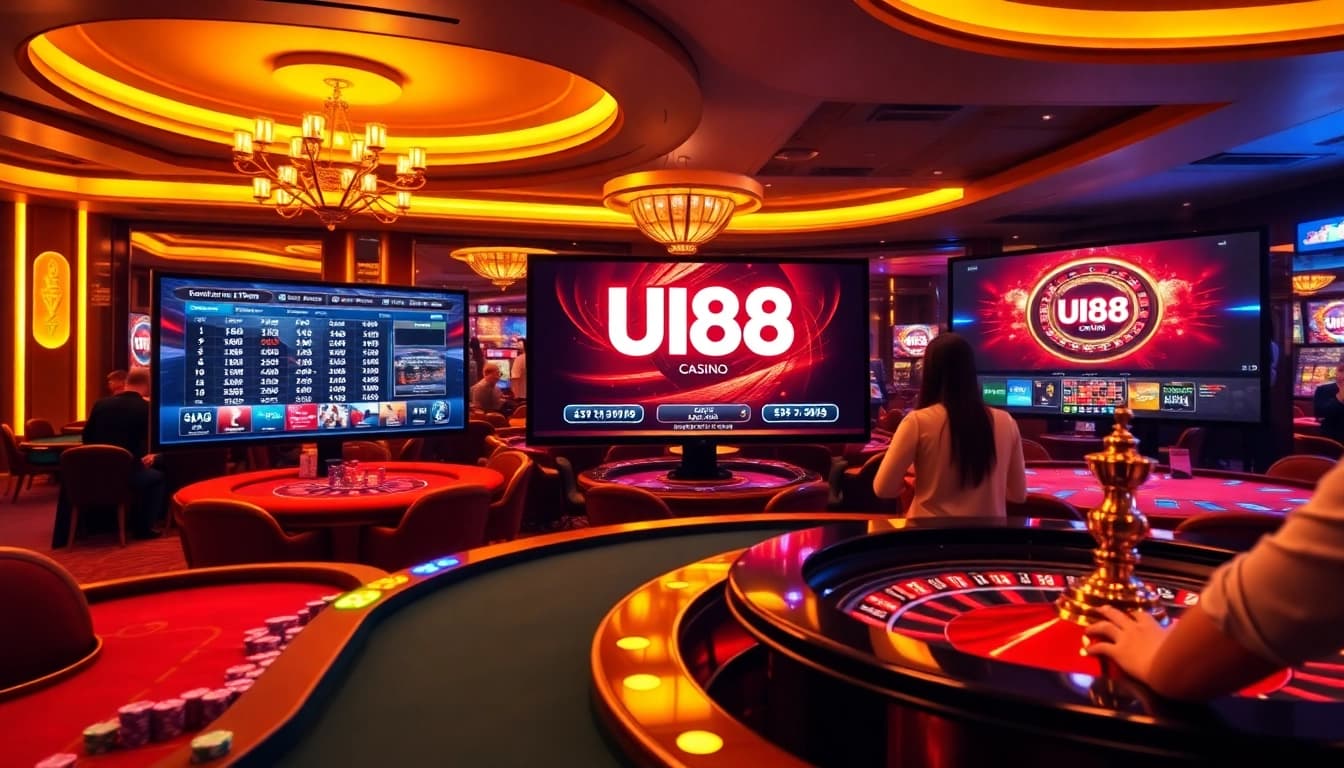 Players enjoying games at UU88 online casino with vibrant atmosphere and luxurious setting.