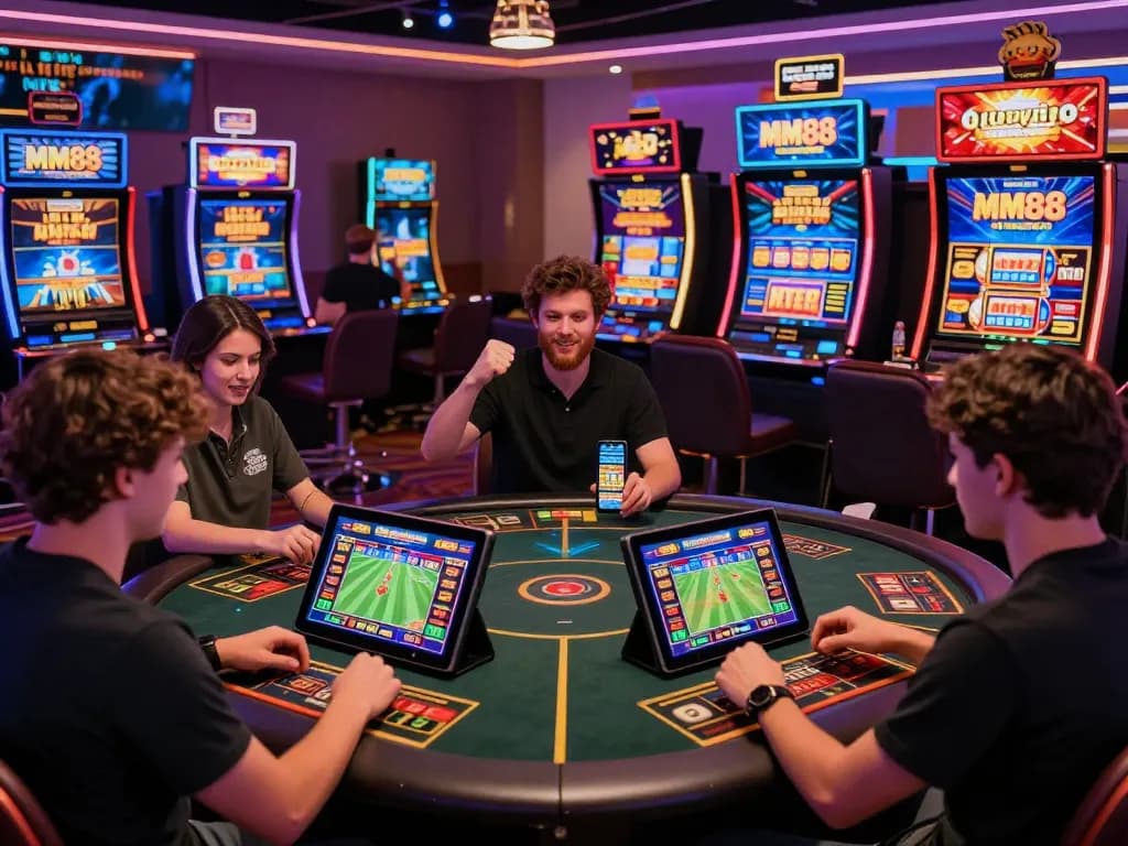 Engaged players enjoying a fun experience at nhà cái MM88, showcasing sports betting, casino games, and customer support in a vibrant online environment.