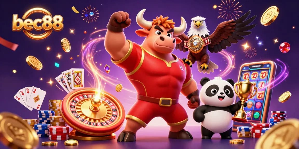 Win big at bec88 with exciting casino games, a vibrant bull mascot, and thrilling action!