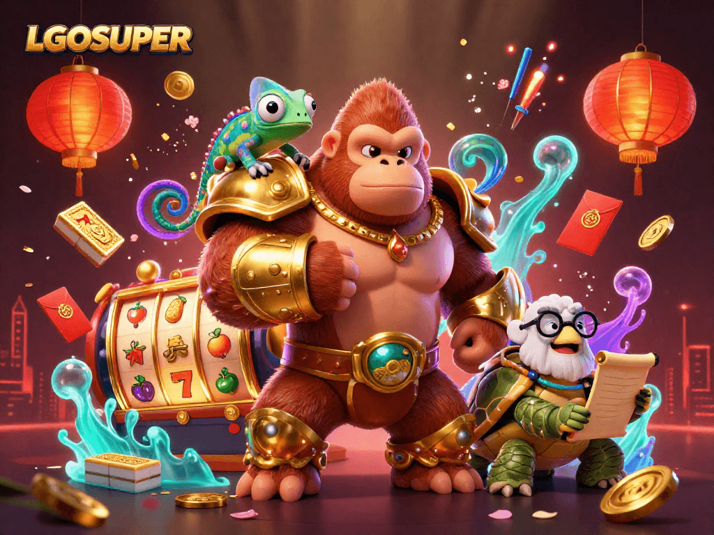 Engage with LGOSUPER in a thrilling scene of casino adventure featuring dynamic characters and vibrant gaming elements.
