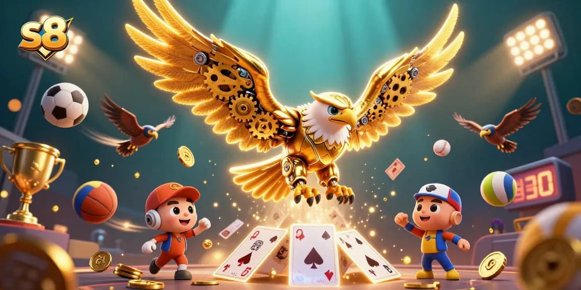 Engage with the thrill of S8's dynamic gaming world featuring vibrant golden eagle and sports betting elements.