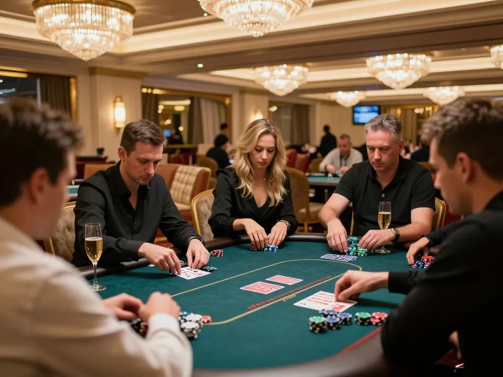 Players at an upscale casino in a high-roller room strategically engaging in poker, showcasing 789's elite gaming experience