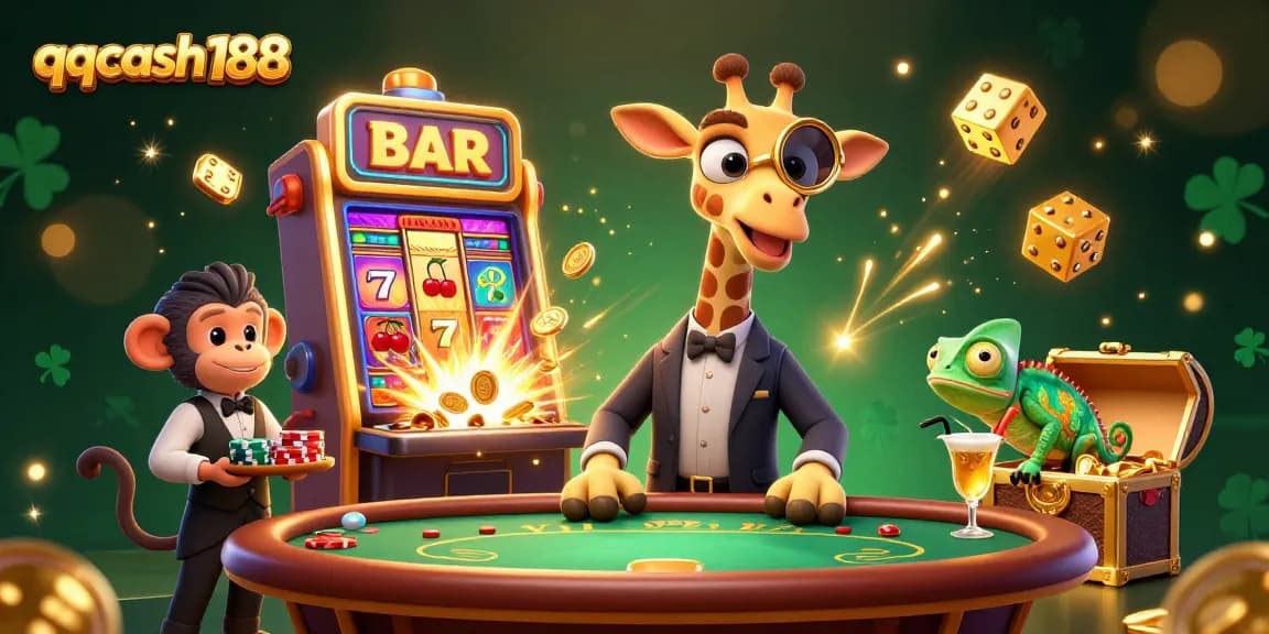 Experience the excitement of qqcash188 with a lively casino scene featuring unique characters and game elements.