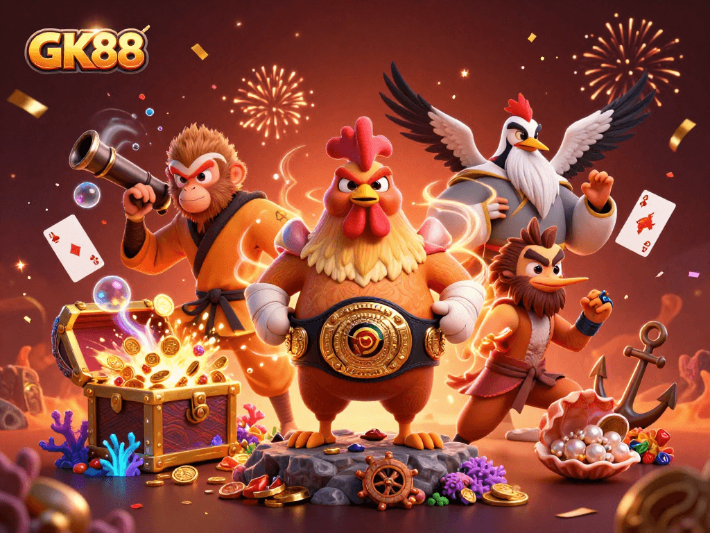 Experience GK88's vibrant casino scene with unique characters and underwater treasures amidst confetti and fireworks.