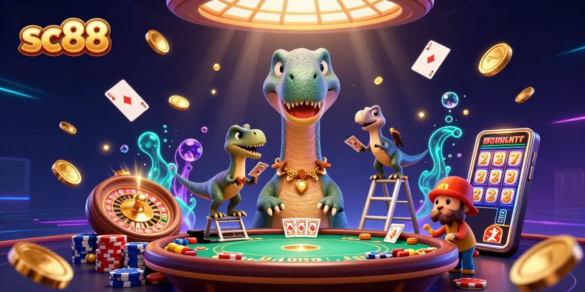 Experience exciting gaming at sc88 with a 3D dinosaur dealer and vibrant casino atmosphere.