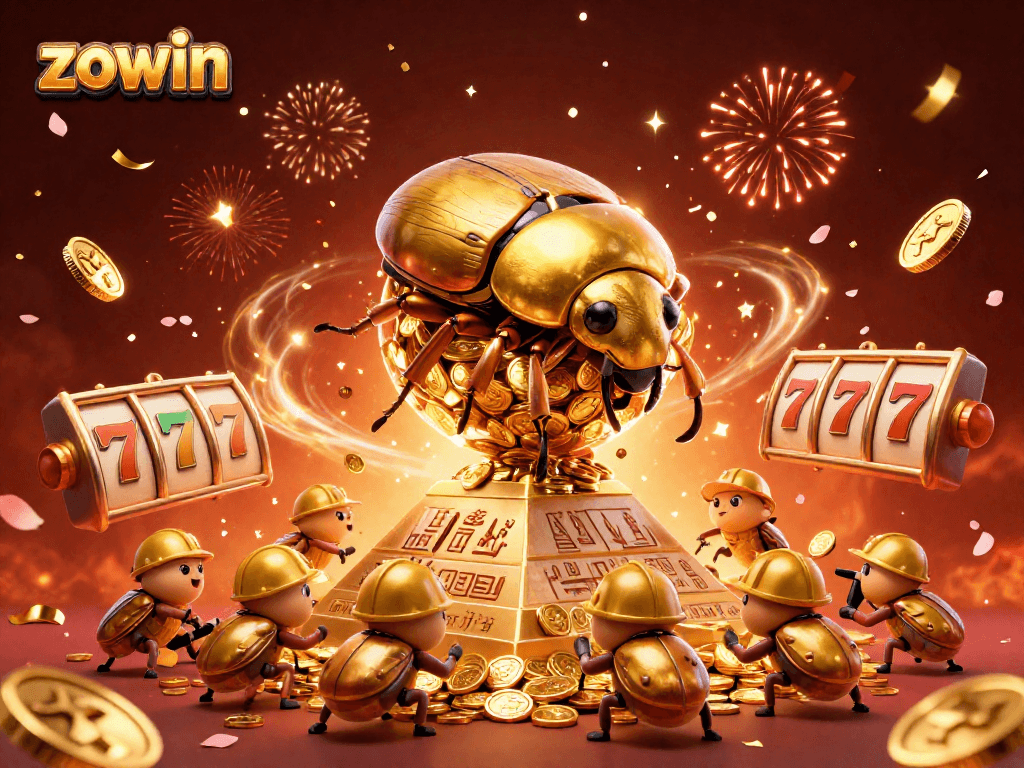Experience zowin’s vibrant casino atmosphere with cartoon beetles, gold coins, and dynamic slot elements.