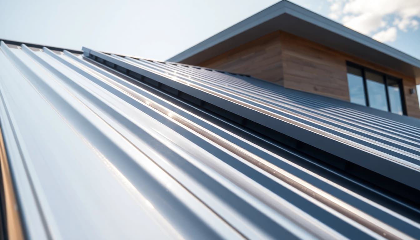 Installing metal roofing with a sleek design on a modern home exterior.