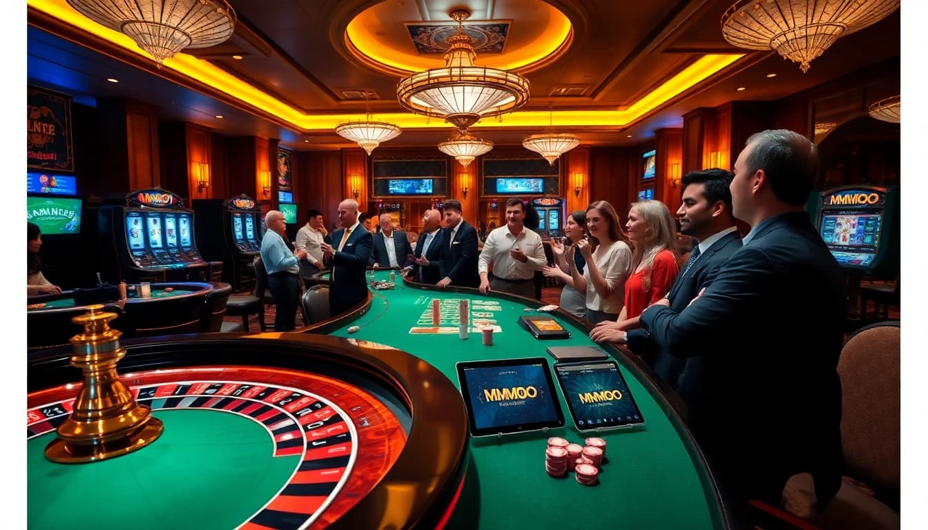 Players immerse in the excitement of MMOO casino, featuring vibrant tables, chips, and a roulette wheel.