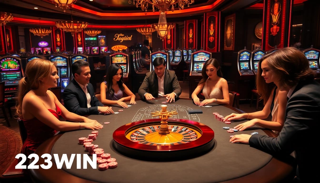 Engaging poker game scene with players at 23WIN casino, showcasing vibrant casino elements and an exciting atmosphere.