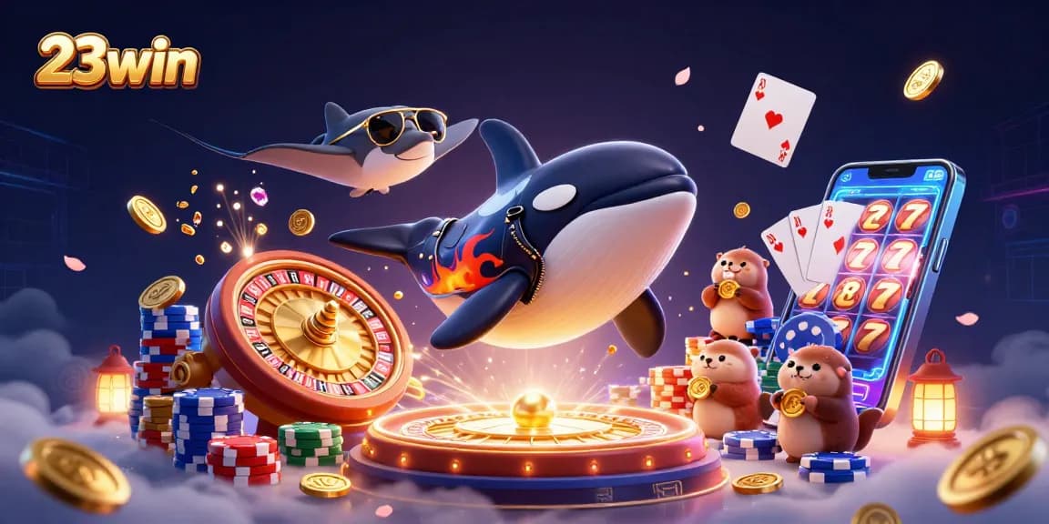 Experience 23win with a vibrant casino scene featuring playful characters, dynamic game elements, and exciting action.