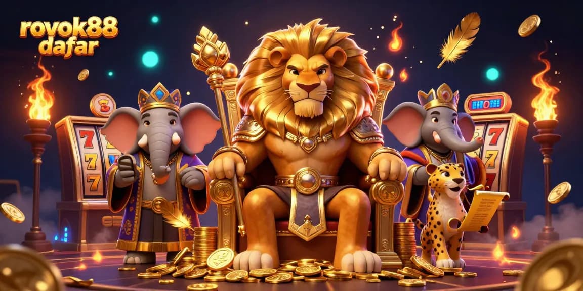 Engage in thrilling gameplay at rokok88 daftar featuring a royal lion king in a lavish casino scene.