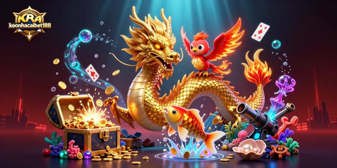 Engage with keonhacaibet188 in a vibrant casino scene featuring a dragon, phoenix, and koi fish.