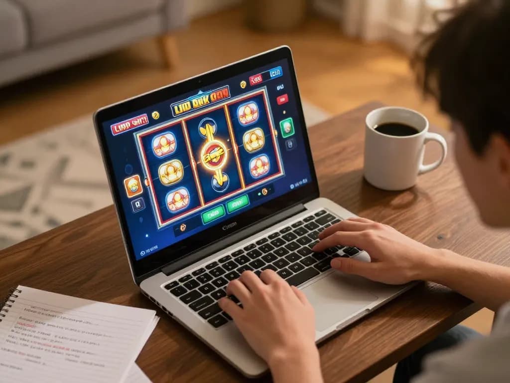 Engaging in slot gacor gameplay on a laptop in a cozy home setting