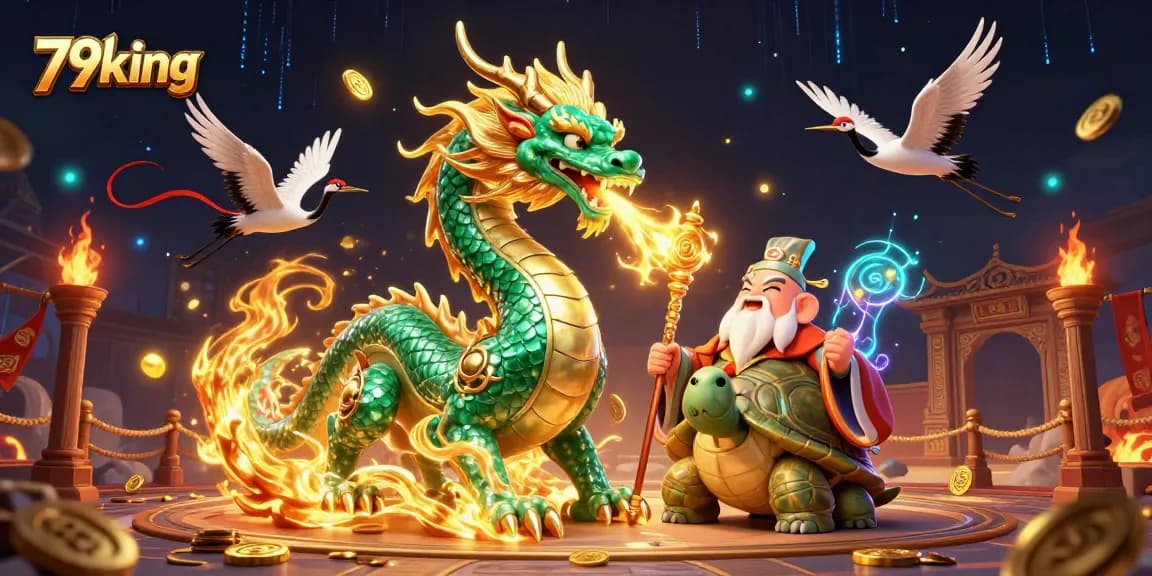 Experience the enchanting world of 79king with a jade dragon, turtle sage, and lucky cranes in a casino realm.