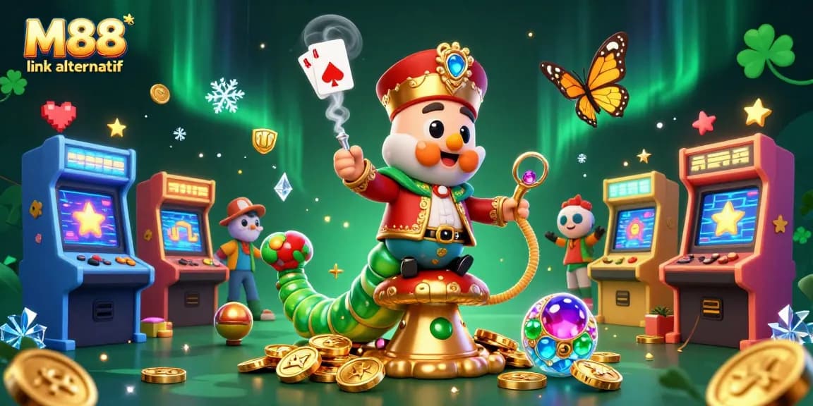 M88 link alternatif offers exciting gaming experiences with a rich, vibrant 3D casino illustration.