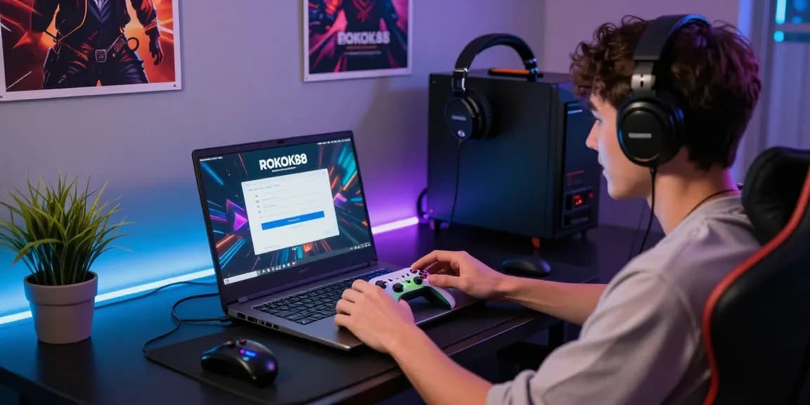 Excited gamer at ROKOK88 login screen with vibrant gaming setup, ready to play.