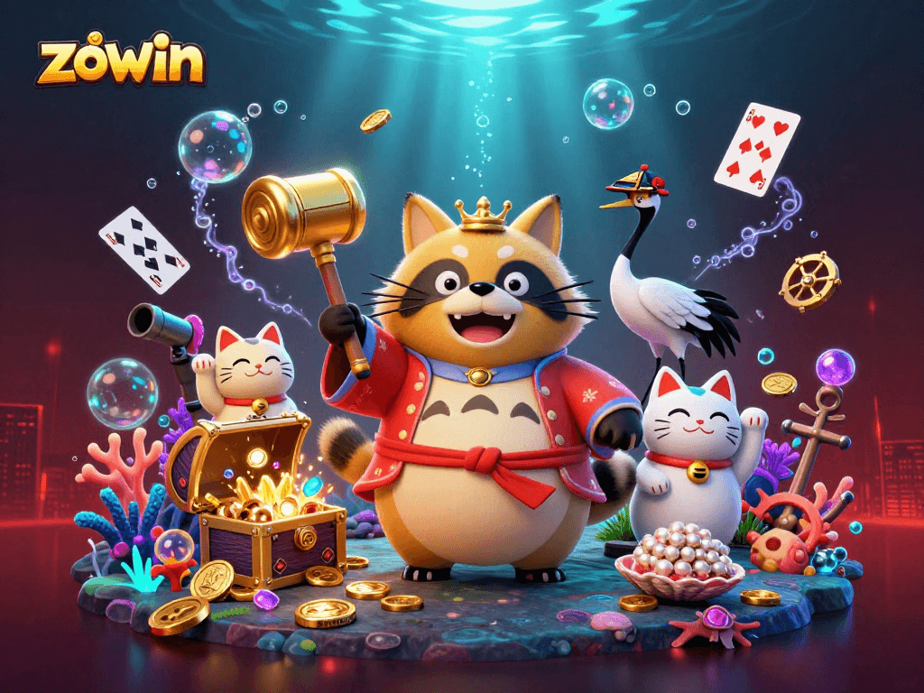 Zowin offers thrilling online gaming experiences with vibrant casino characters and treasures in a colorful scene.