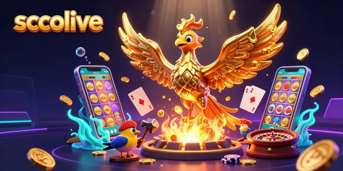 Socolive interactive gaming scene featuring a molten metal phoenix surrounded by vibrant slot games and poker elements.