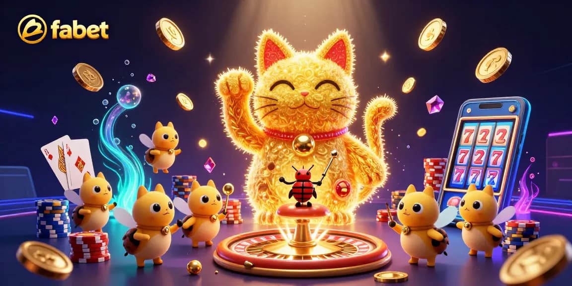 Experience gaming with fabet's dynamic lucky cat in a vibrant casino setting full of gold.