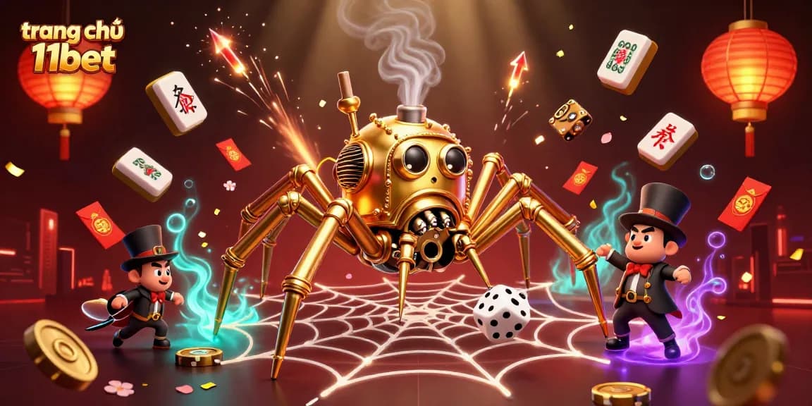 Engage with the vibrant world of trang chủ 11bet, featuring a steampunk spider and dynamic casino elements.