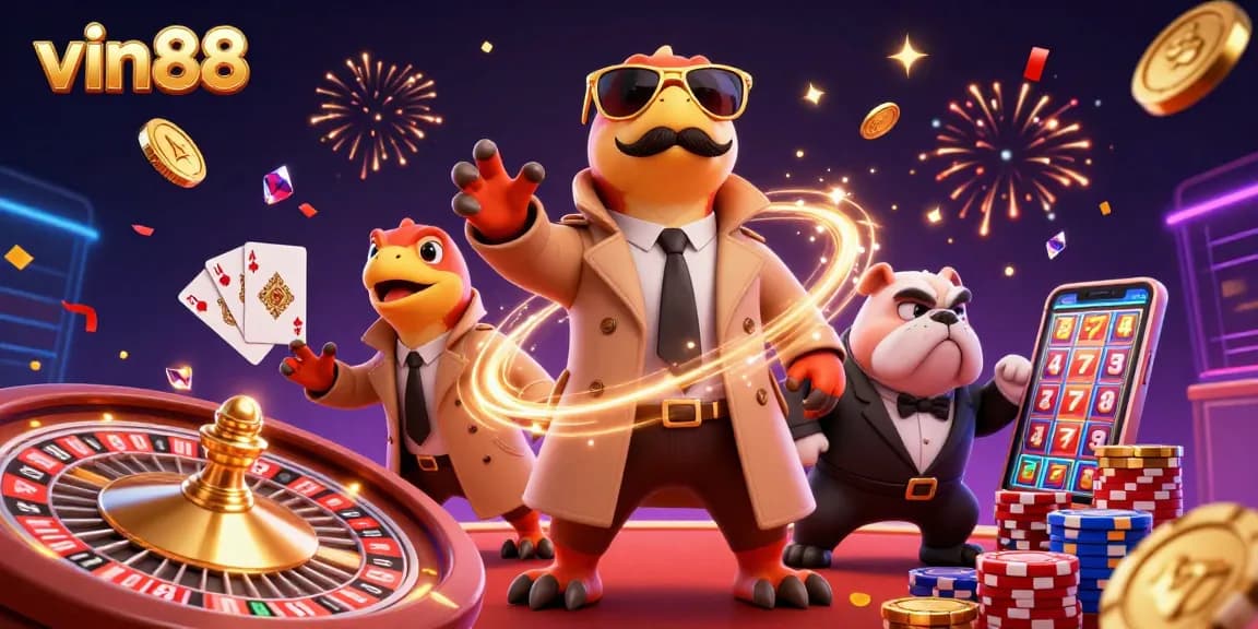 Experience thrilling gaming action with vin88 featuring playful raptors in a casino scene.