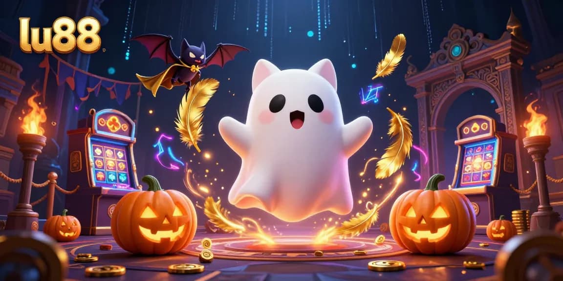 Join the excitement with lu88 in this vibrant 3D illustration featuring a friendly ghost cat and gaming elements.