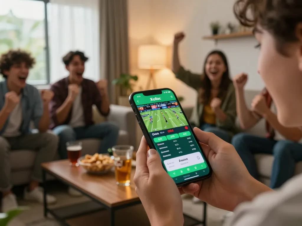 Xoilac app shows live betting options as friends enjoy sports viewing together.