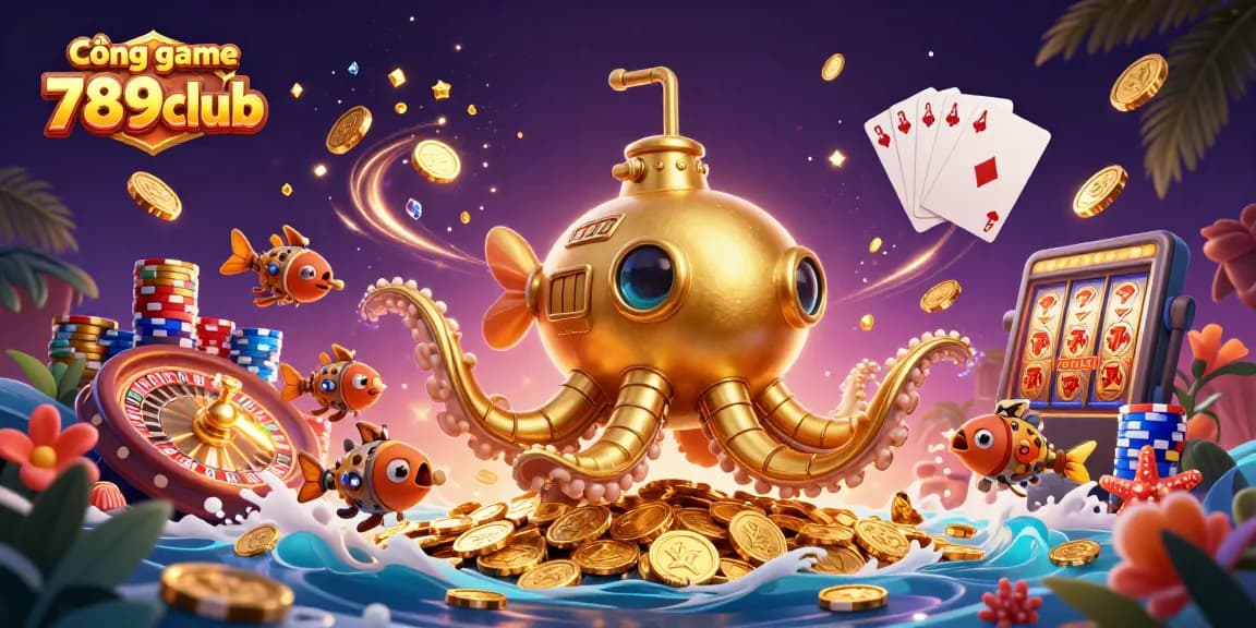 Experience excitement at Cổng game 789club with a dynamic 3D illustration of casino treasures.