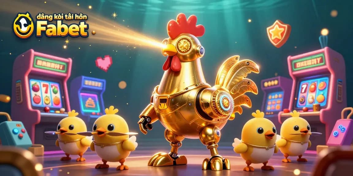 Engage with đăng ký tài khoản Fabet through vibrant gameplay action featuring a golden rooster robot and interacting gaming elements.