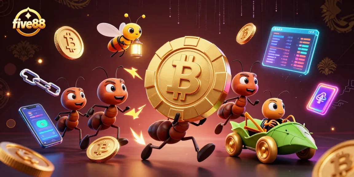Experience thrilling wins with five88 at a vibrant casino heist scene featuring playful ants and glowing crypto coins.