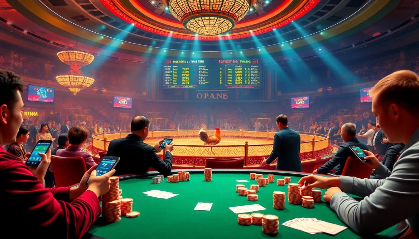 Live betting and excitement in trực tiếp đá gà sv388 with bettors engaged at a luxurious casino.