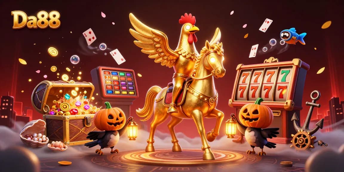 Engage in thrilling gameplay with Da88's vivid casino scene featuring unique characters and gold-filled excitement.