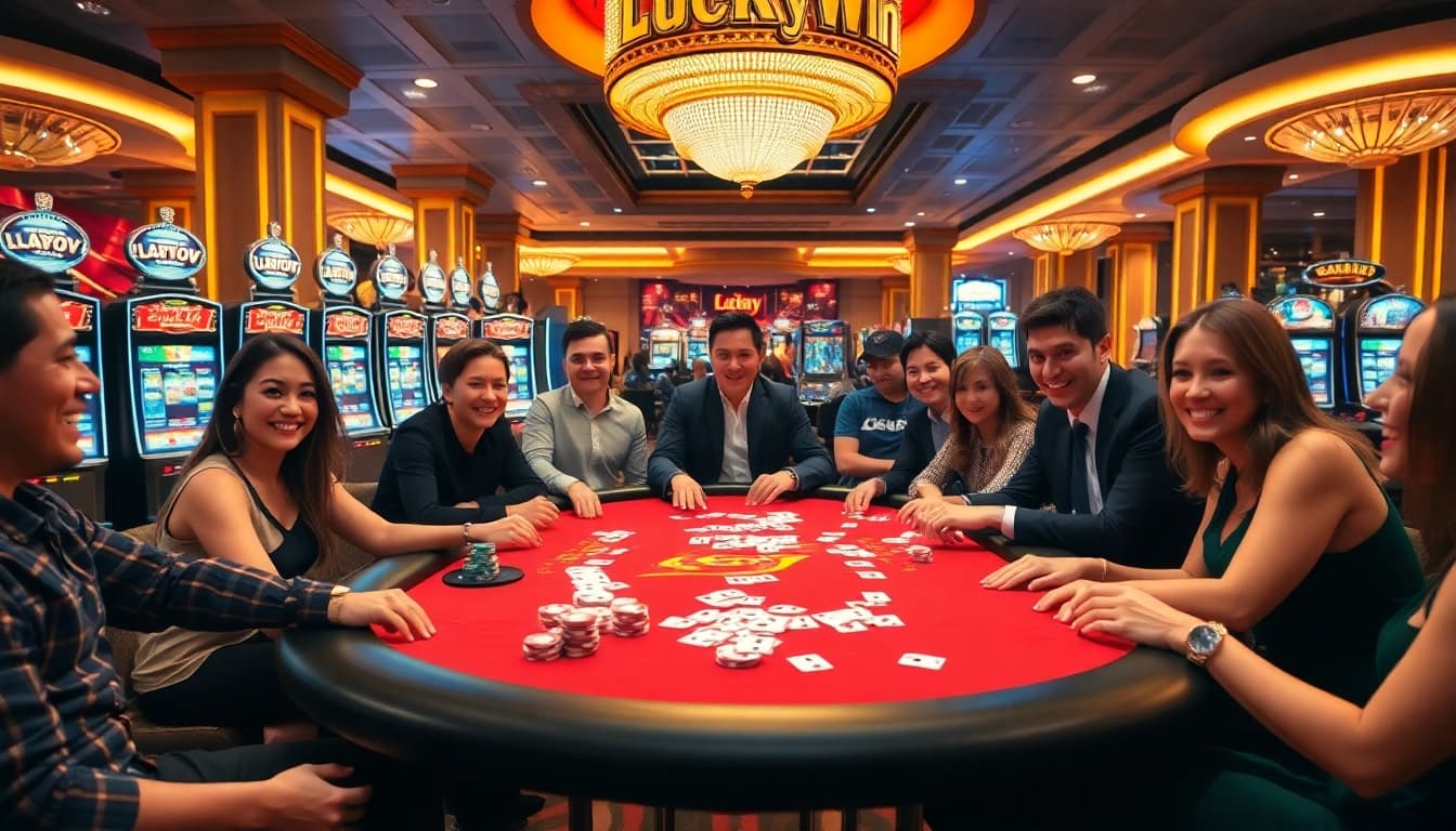 Players enjoying an exciting game at the LuckyWin poker table, showcasing vibrant casino elements.
