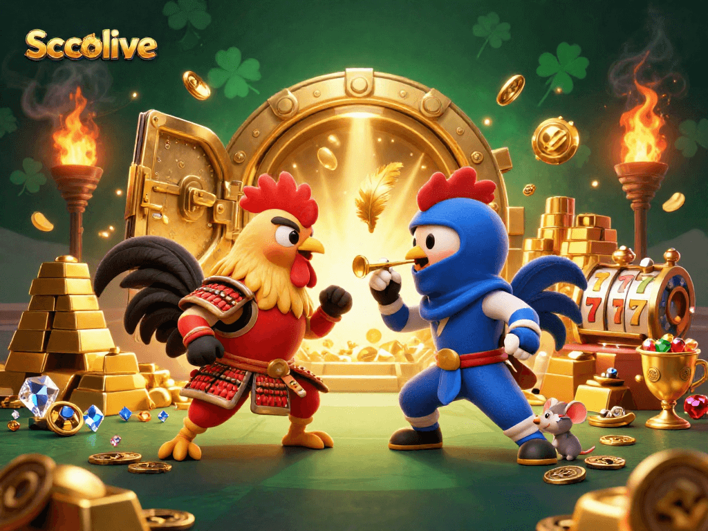 Socolive features an intense showdown with fighting roosters in a vibrant, treasure-filled casino scene.