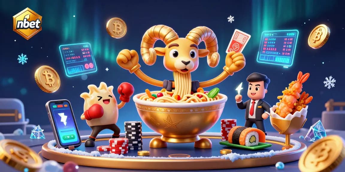Win big at nbet with a vibrant casino scene featuring cartoon characters, crypto elements, and high-stakes gambling.