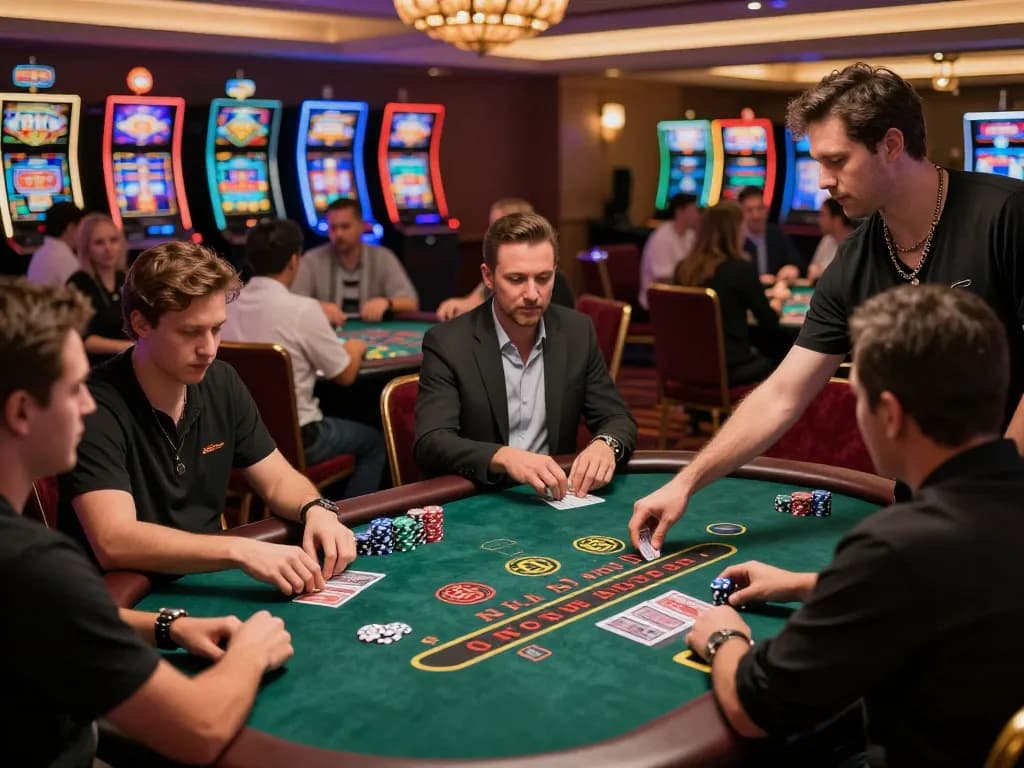 VA88 players strategize during an intense blackjack game amidst casino excitement.